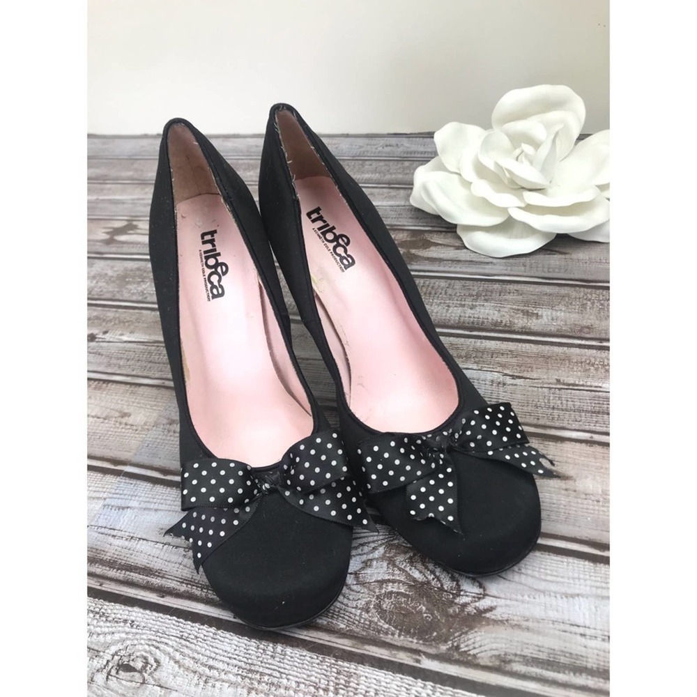 Tribeca, black satin pumps with polka dot … #005